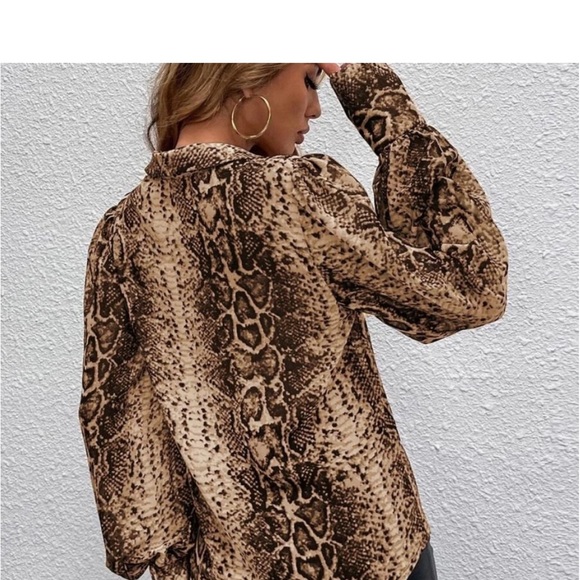 Snakeskin Print Cuffed Long Sleeve Sheer Top Blouse Button Down Shirt - Picture 12 of 12